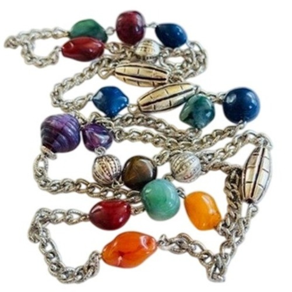 Vtg Necklace BOHO Flashy Lucite Acrylic chunky Beads Colorful beaded Silver 45"L